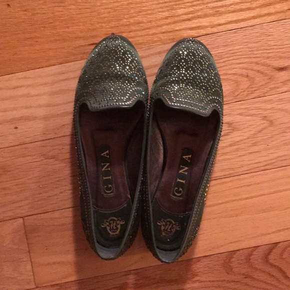 Gina (UK) Moss Green Satin Crystal Flats - Picture 1 of 4
